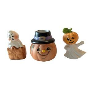 Vintage 1990s Pumpkin Halloween Candle Holder Russ Berrie JackOLantern Ghost Set